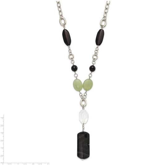 Stainless Steel Prehnite, Crystal and Black Agate with 1.5in ext Drop Necklace