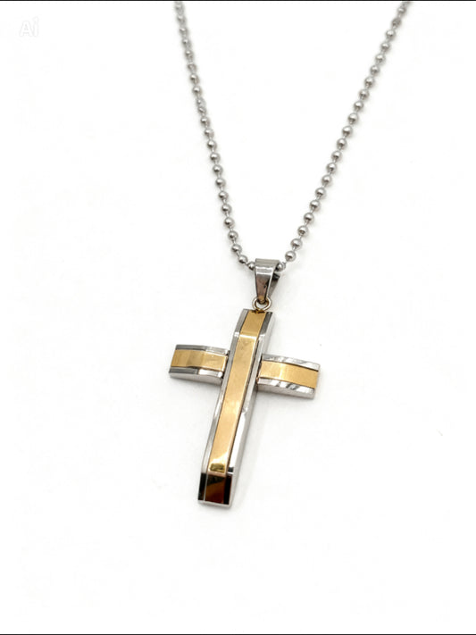 Stainless Steel Men’s Two-Tone Two-Layer Cross Religious Charm Pendant with Beaded Chain
