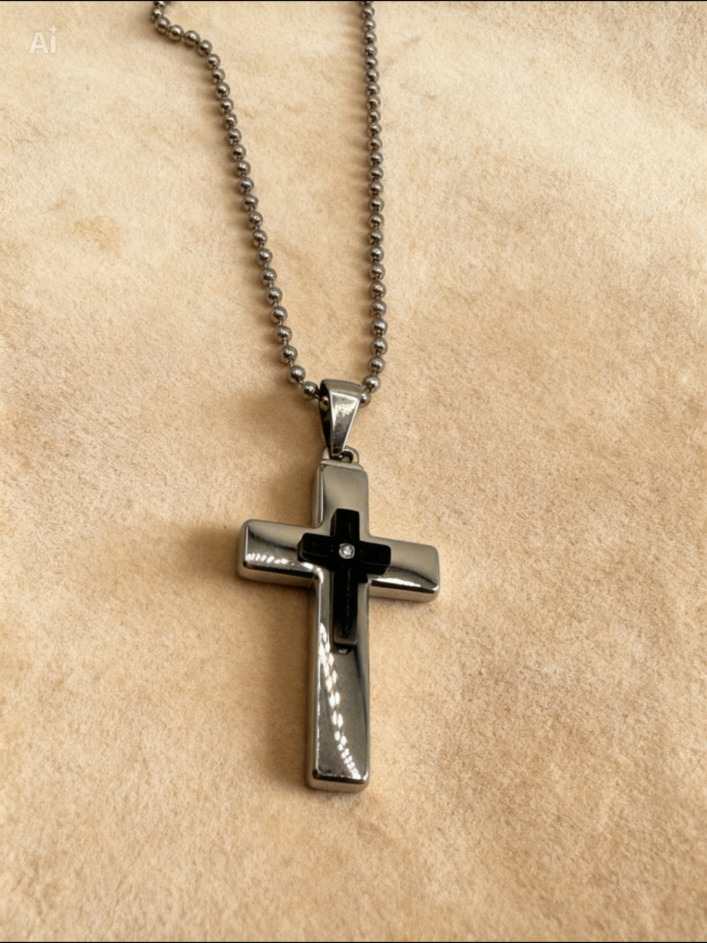 Stainless Steel Black-Tone Men’s Cubic Zirconia Cross Religious Charm Pendant with 24" Beaded Chain