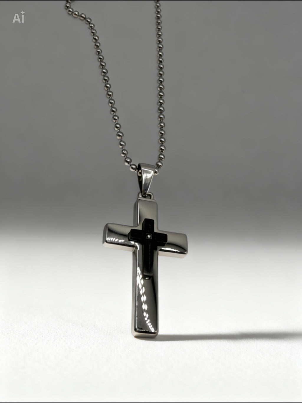Stainless Steel Black-Tone Men’s Cubic Zirconia Cross Religious Charm Pendant with 24" Beaded Chain
