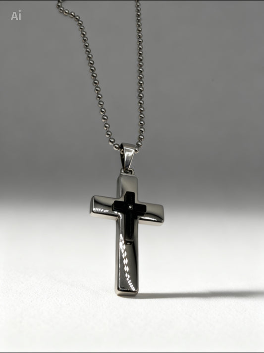 Stainless Steel Black-Tone Men’s Cubic Zirconia Cross Religious Charm Pendant with 24" Beaded Chain