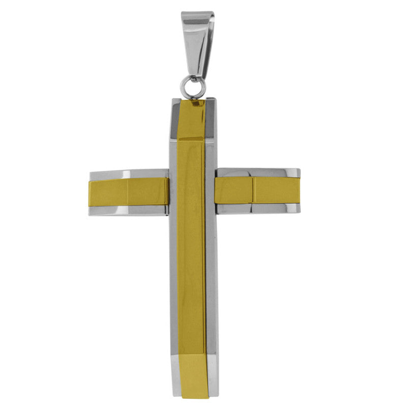 Stainless Steel Men’s Two-Tone Two-Layer Cross Religious Charm Pendant with Beaded Chain