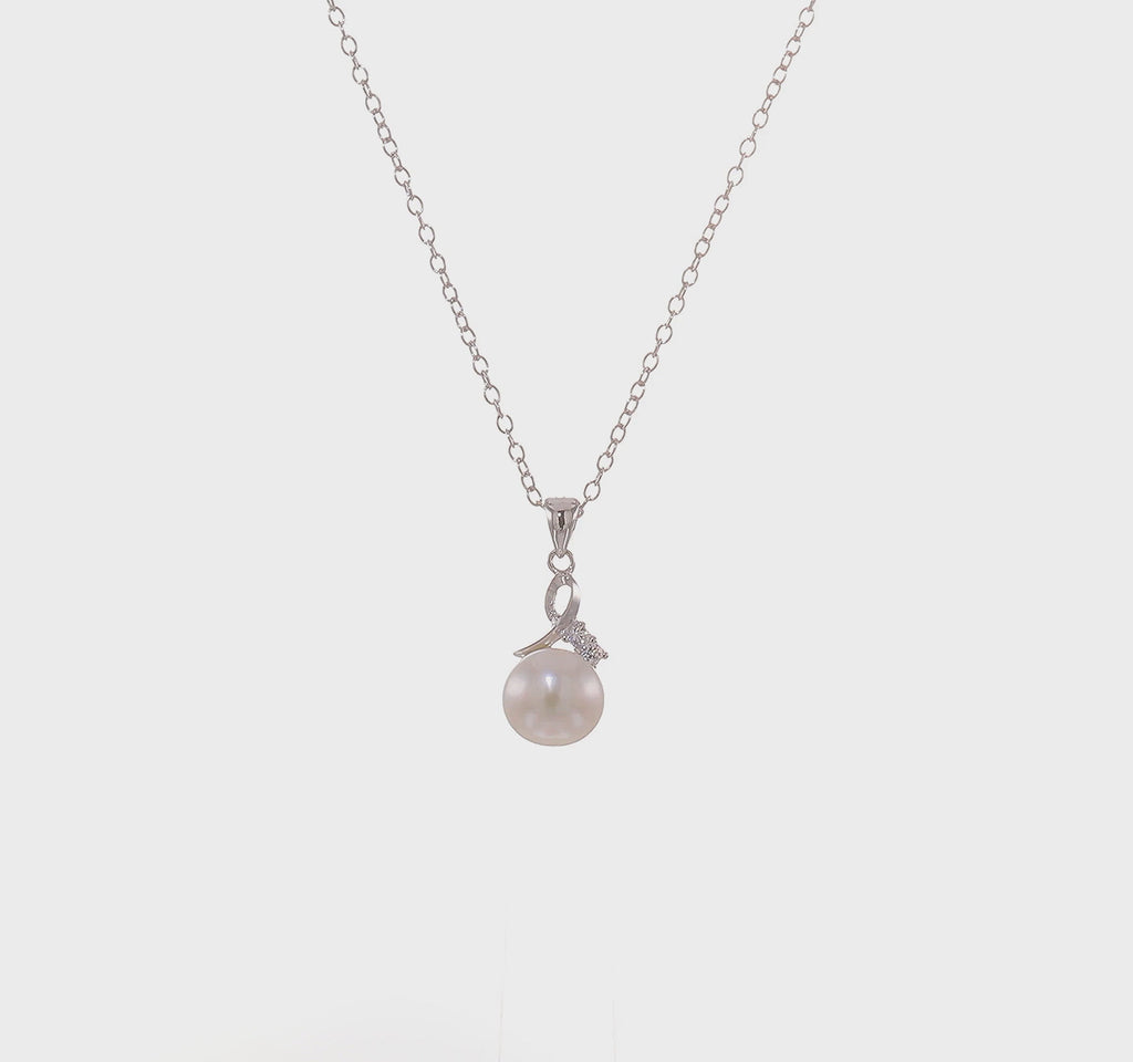 Sterling Silver Rhodium-Plated Freshwater Pearl & CZ Necklace and Earrings Set (7–8mm)