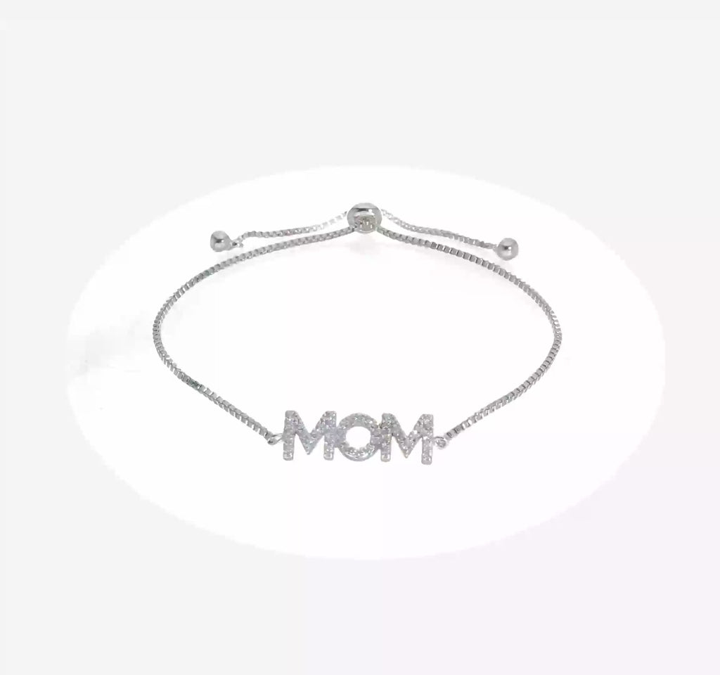 Sterling Silver Pavé CZ MOM Adjustable Bracelet