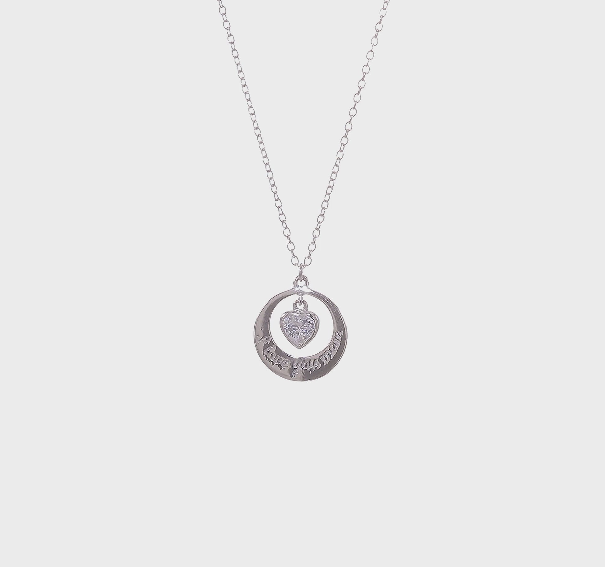 Rhodium-Plated Sterling Silver “I Love You Mom” Necklace with CZ Heart Dangle – 15" with 2" Extension