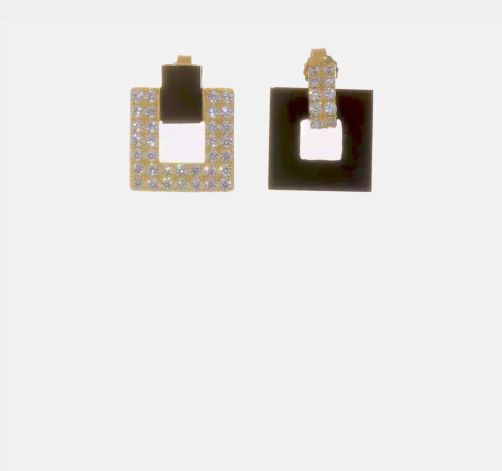 Sterling Silver Gold-Tone CZ and Black Agate Square Dangle Mis-Matched Earrings