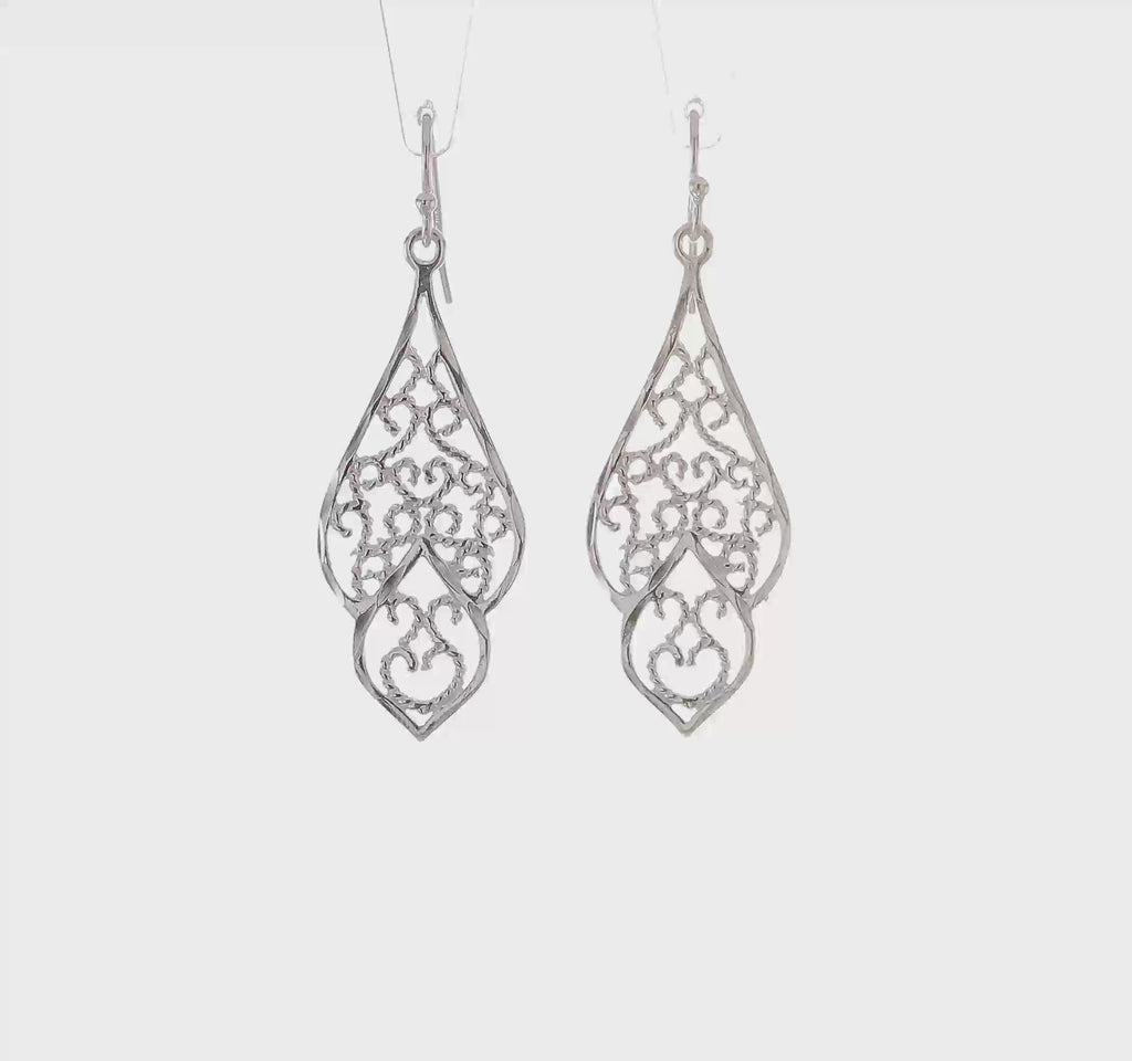Sterling Silver Polished & Diamond-Cut Fancy Filigree Dangle Earrings
